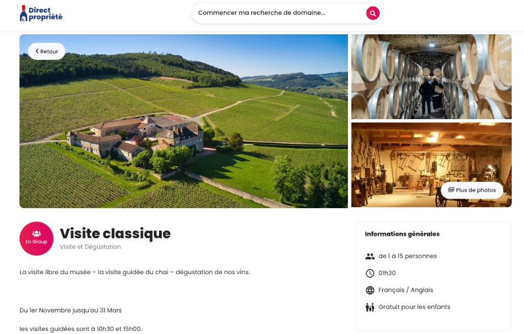 Aperçu d'une page de réservation d'activité œnotouristique